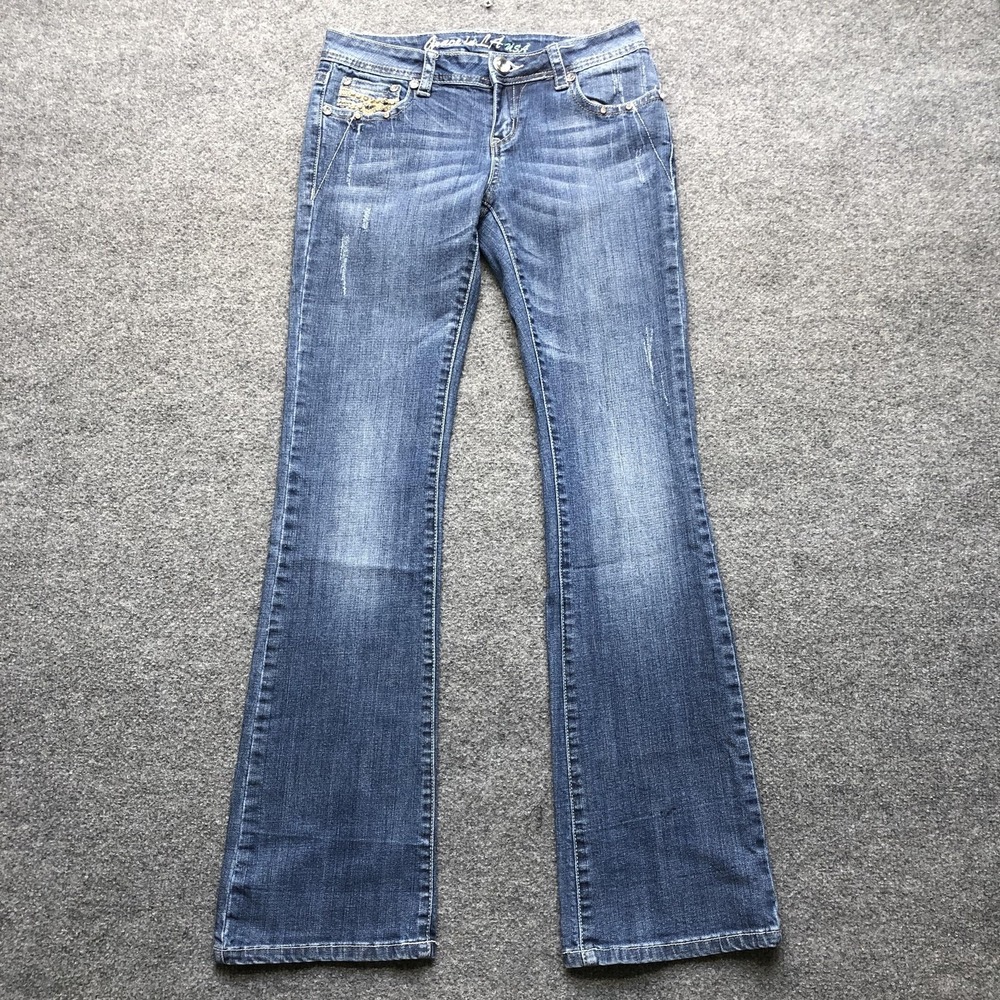 Y2K Jeans Juniors 7 Blue Bootcut Embroidered Rhinestone Distressed Denim